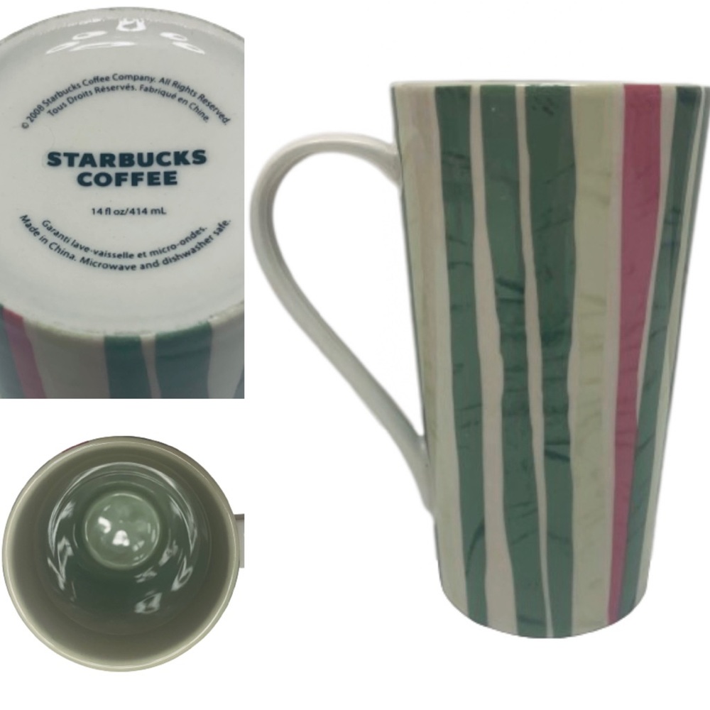 Vintage Starbucks 14oz 2008 Ceramic Mug with Green and Pink Stripes